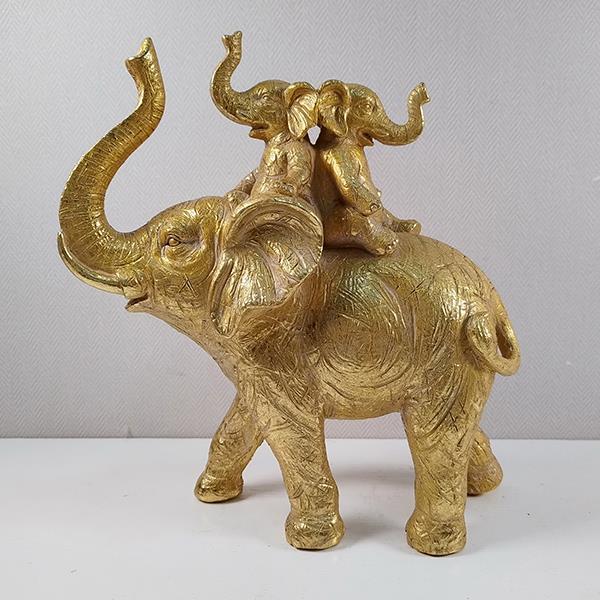 Decoratiune elefant cu pui, din rasina, Golden, 24x9.5x26 cm