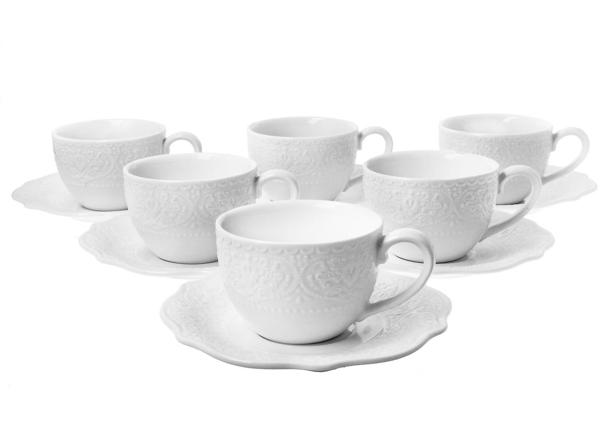 Set 6 cesti cu farfurie, DUO Alice, portelan, 210 ml, alb