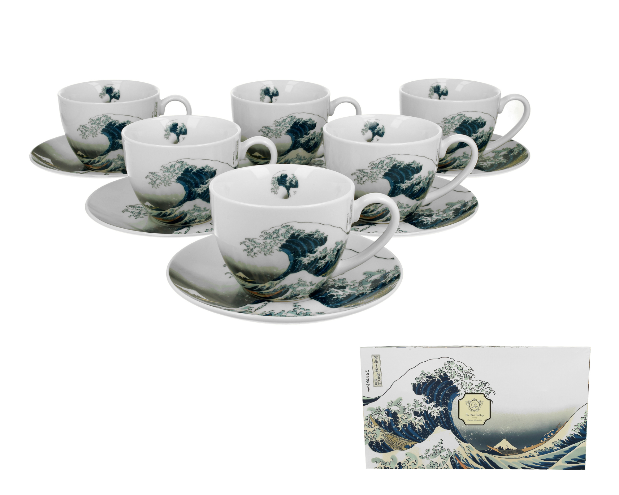 Set 6 cești cu farfurioare MARELE VAL inspirat de K. Hokusai