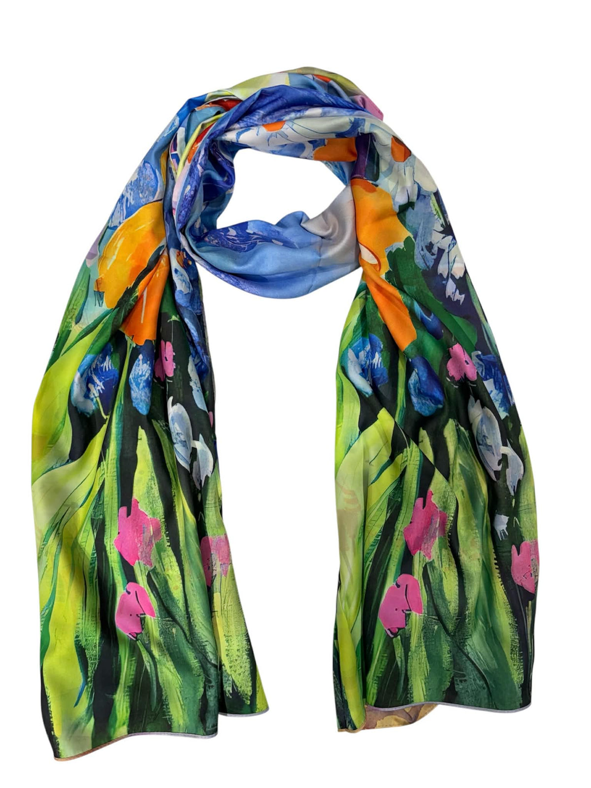 Esarfa tip sal doua fete pictata , matase, multicolora, 180x70cm