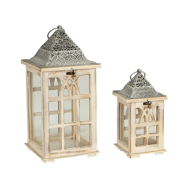 Set 2 felinare lemn natural/ metal, 19x19x40.5cm/13x13x26.5cm