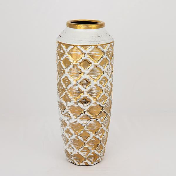 Vaza decorativa, alb-auriu, din ceramica, cu model, 12.5x12.5x27.5cm