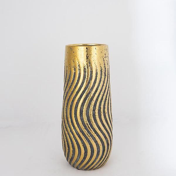 Vaza decorativa, gri-auriu, din ceramica, cu model, 14.5x4.5x35 cm