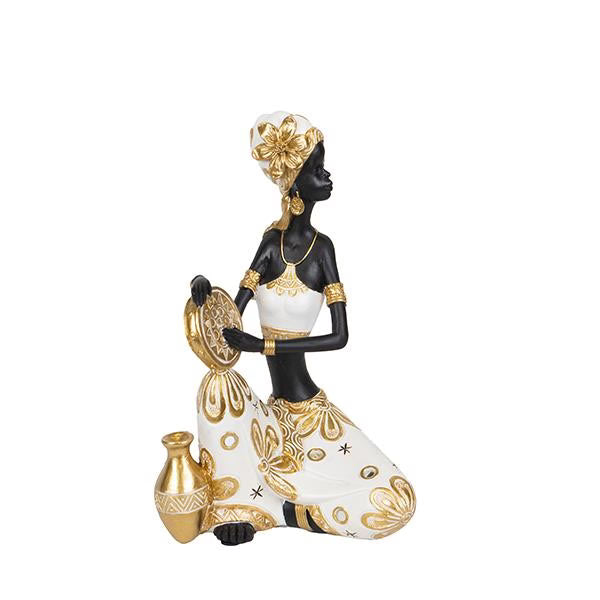 Statueta decorativa Femeie africana cu instrument muzical, 14x9x22, 5 cm