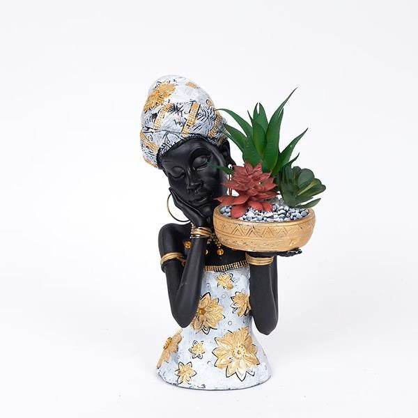 Statueta decorativa Femeie africana cu ghiveci si planta, 20x13x27cm