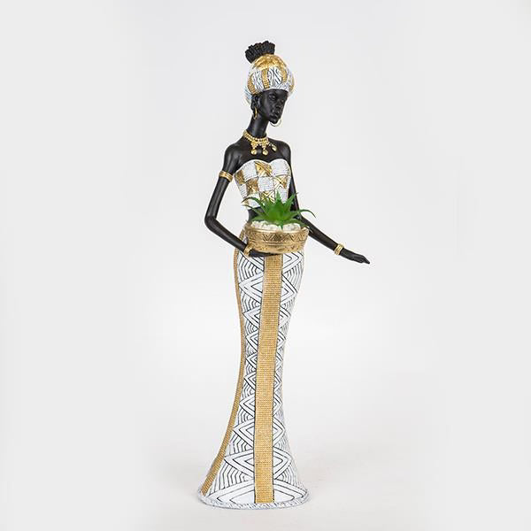 Statueta decorativa Femeie africana cu ghiveci si planta, 17x14x46.5cm