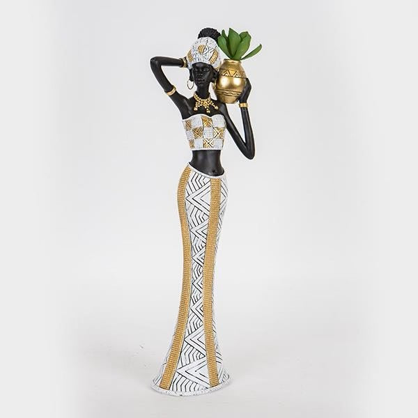 Statueta decorativa Femeie africana cu ghiveci si planta pe umar, 13x7.5x39.5cm