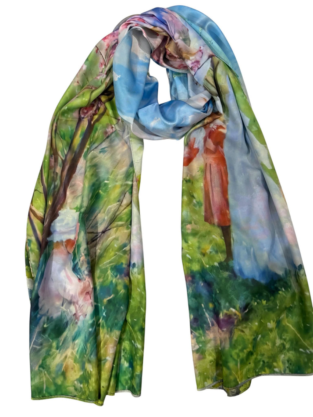 Esarfa tip sal doua fete pictata , matase, multicolora, 180x70cm