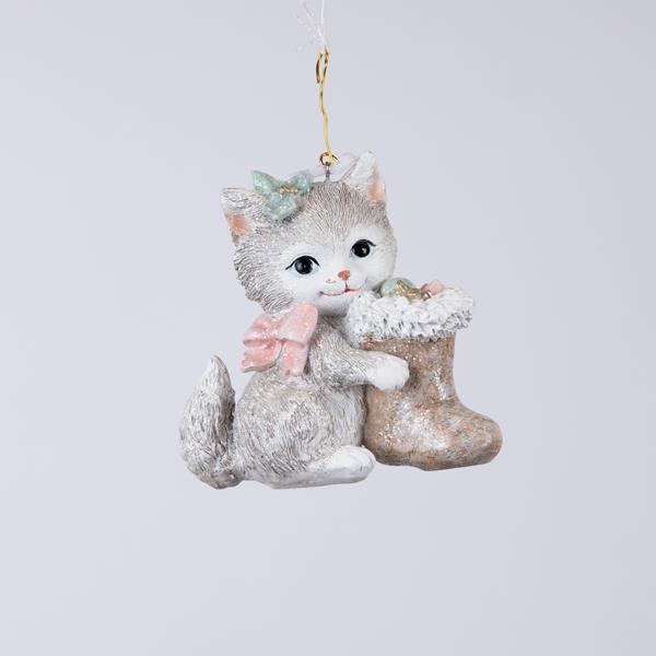 Figurina de Craciun, din polirasina, Pisicuta cu funda roz, 10, 5x5, 5x10, 5cm