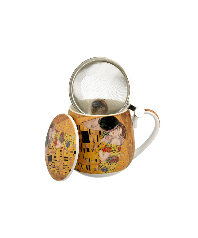 Cana ceramică cu design artistic „Sărutul” de Gustav Klimt, decorată cu detalii aurii și culori vibrante, perfectă pentru iubitorii de artă.