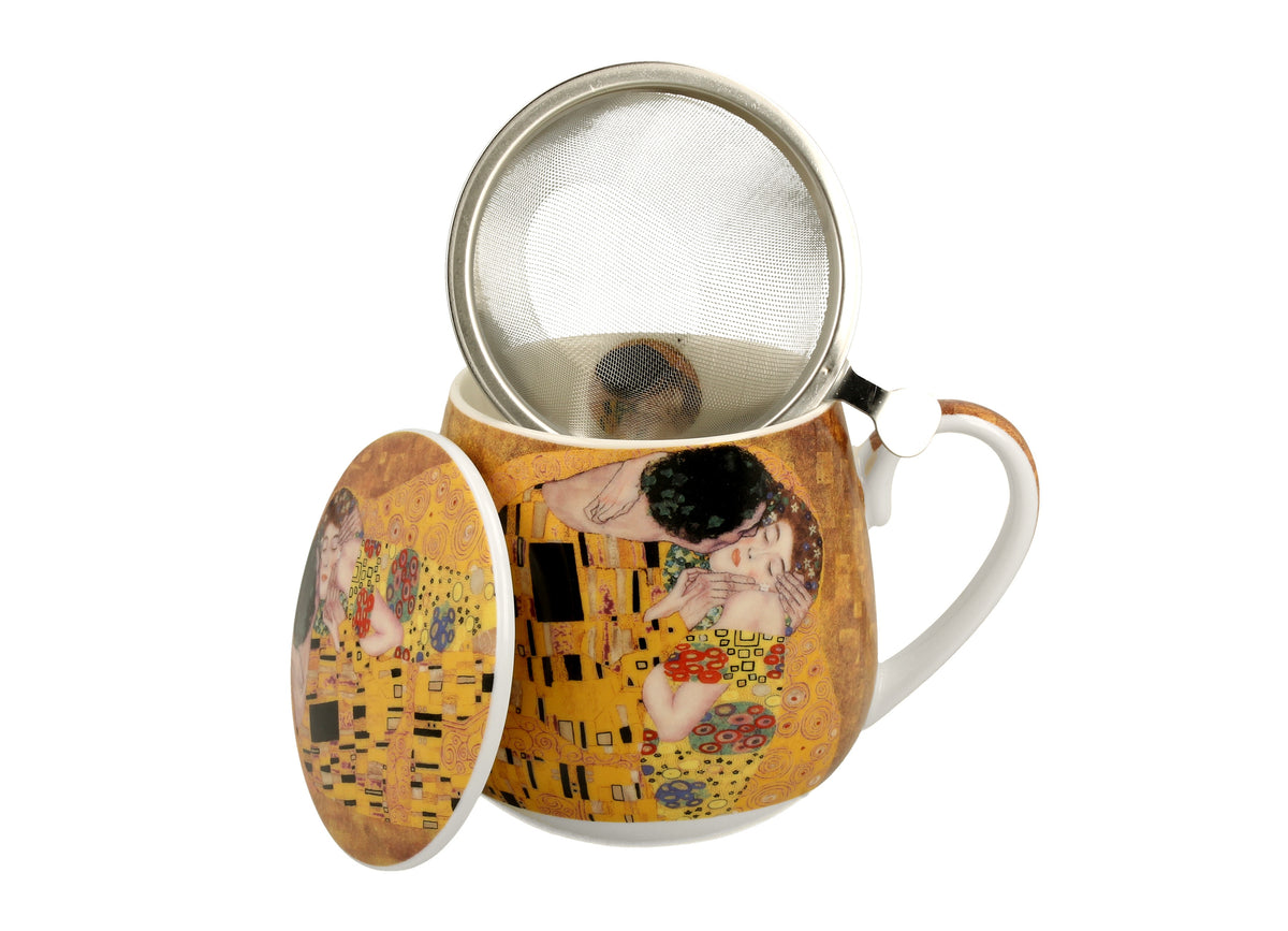 Cana ceramică cu design artistic „Sărutul” de Gustav Klimt, decorată cu detalii aurii și culori vibrante, perfectă pentru iubitorii de artă.