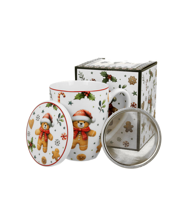 Cana cu infuzor pentru ceai, design Ursulet de Craciun cu fes si esarfa, 360 ml, alb-multicolor - Victoria home deco
