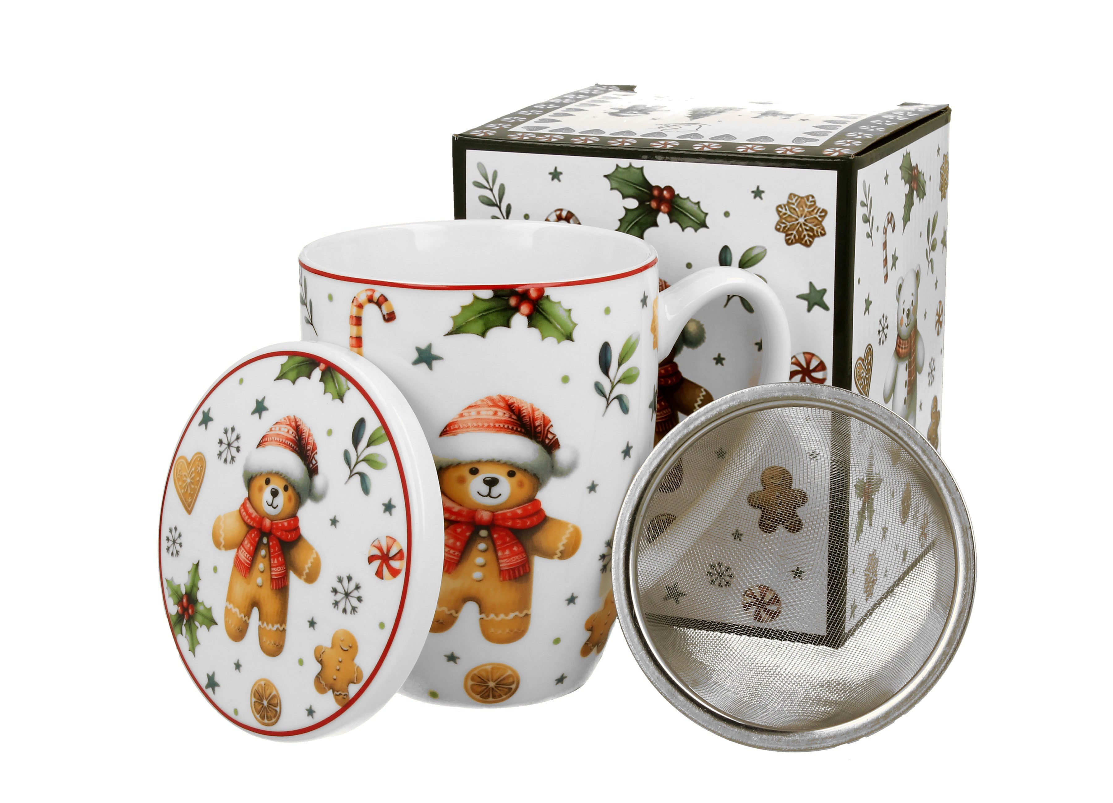 Cana cu infuzor pentru ceai, design Ursulet de Craciun cu fes si esarfa, 360 ml, alb-multicolor - Victoria home deco