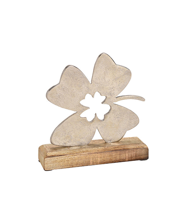 Decoratiune de birou, trifoi cu patru foi aluminiu pe suport de mango, 18x19x5 cm - Victoria home deco