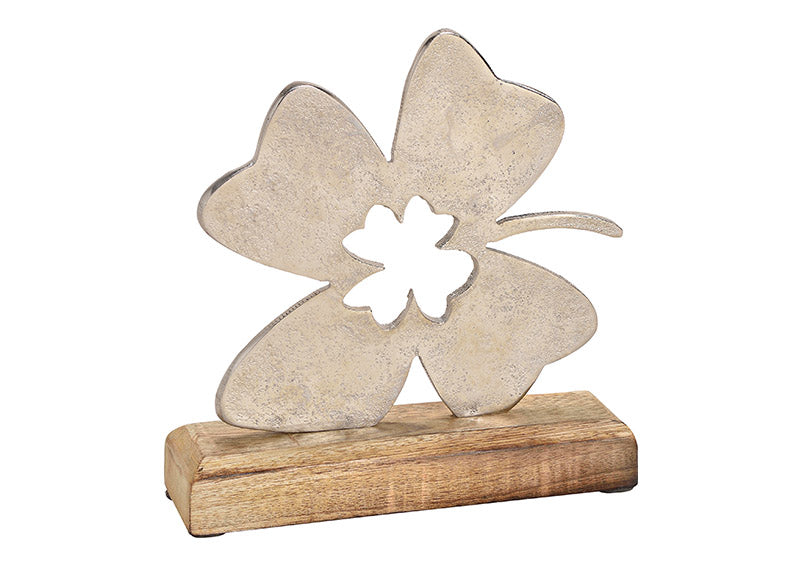 Decoratiune de birou, trifoi cu patru foi aluminiu pe suport de mango, 18x19x5 cm - Victoria home deco
