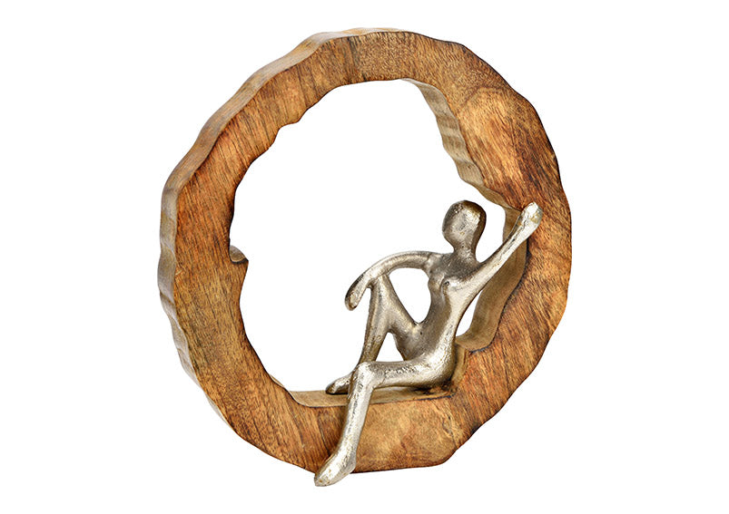 Decoratiune figurina din metal, pe suport de lemn de mango, 20x22x6 cm - Victoria home deco