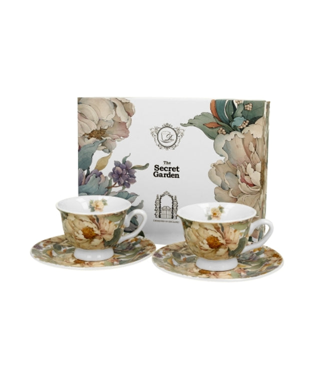 Set 2 cesti espresso cu farfurioare, Bujori albi, 90 ml, multicolor, DUO