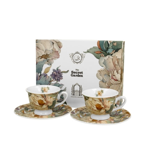 Set 2 cesti espresso cu farfurioare, Bujori albi, 90 ml, multicolor, DUO