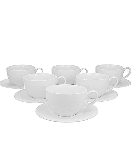 Set 6 cesti cu farfurie, Diamond, din portelan, 250 ml, albe, DUO