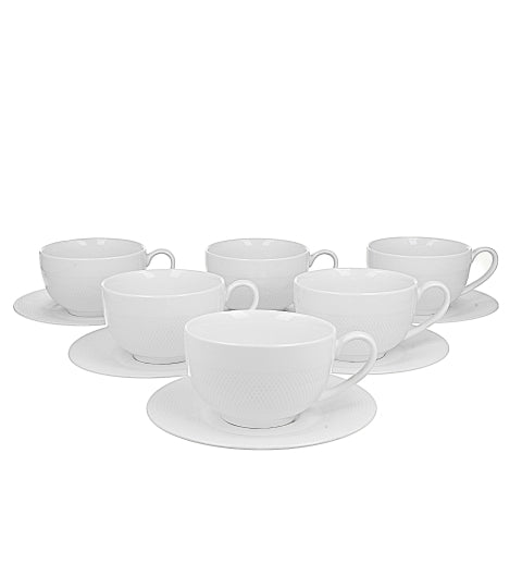 Set 6 cesti cu farfurie, Diamond, din portelan, 250 ml, albe, DUO
