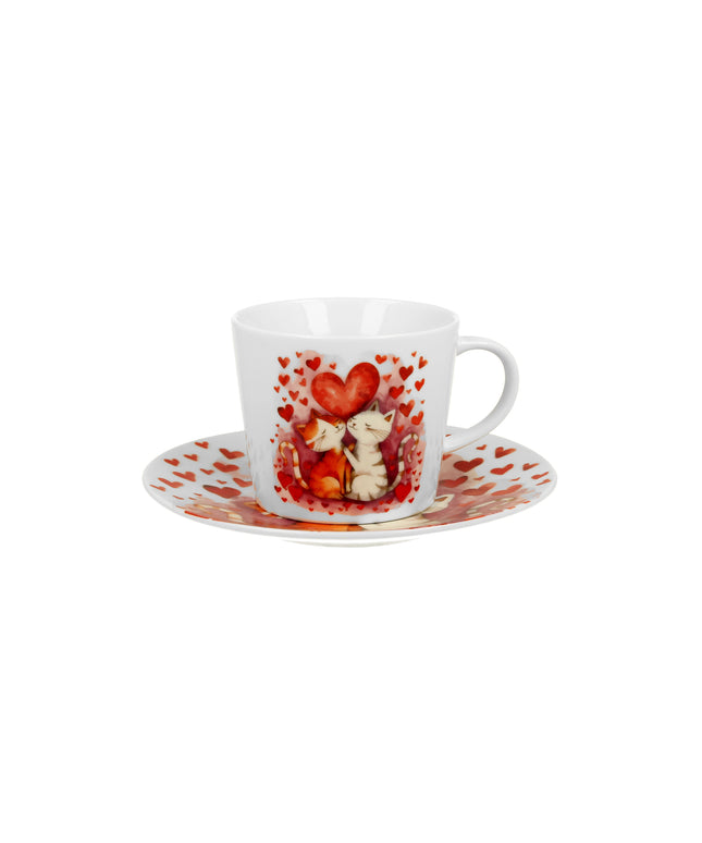 Set ceasca cu farfurie, Loving Cats, din portelan, 240 ml, DUO