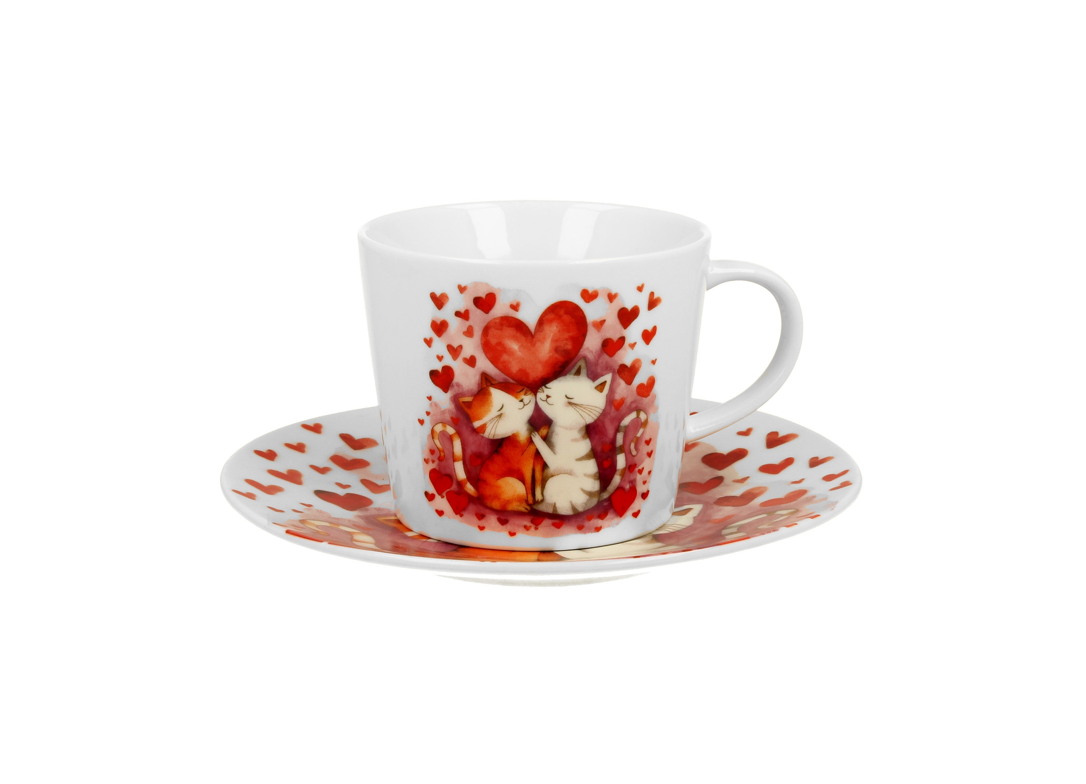 Set ceasca cu farfurie, Loving Cats, din portelan, 240 ml, DUO