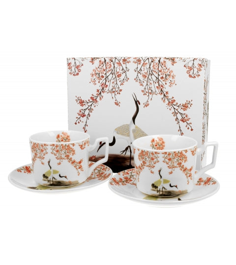 Set de 2 cesti de lux cu farfurie, Duo Sakura &Cranes portelan, 270 ml, multicolor, DUO