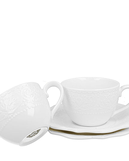 Set 2 cești și farfurie Alice, 210 ml, din porțelan alb, ideal pentru cafea sau ceai.