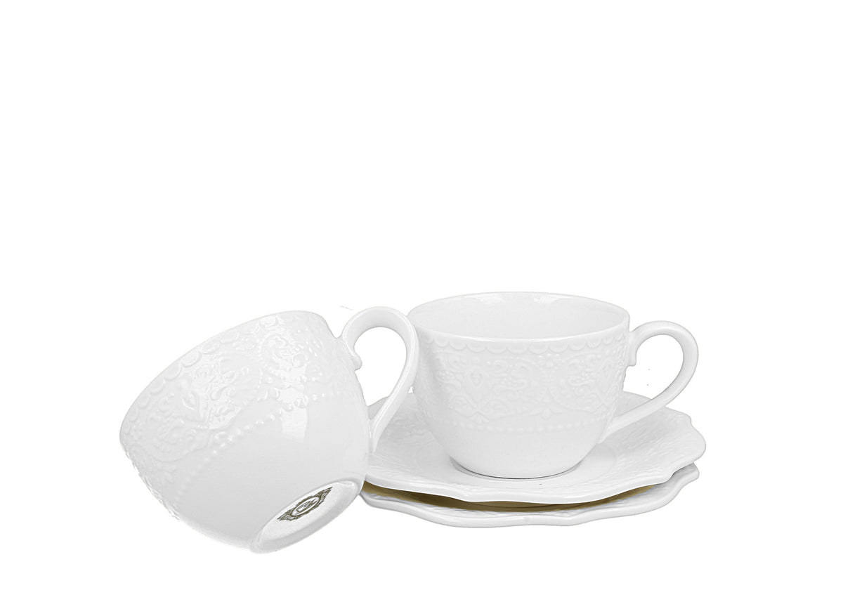 Set 2 cești și farfurie Alice, 210 ml, din porțelan alb, ideal pentru cafea sau ceai.