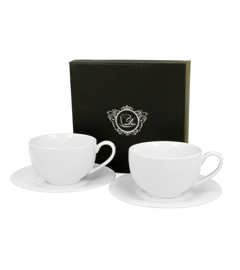 Set de 2 cesti si farfurie, Diamond, din portelan, albe, 250 ml, DUO
