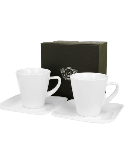 Set de 2 cesti si farfurie, Infinity, din portelan, albe, 250 ml, DUO