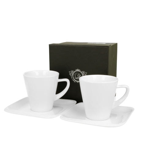 Set de 2 cesti si farfurie, Infinity, din portelan, albe, 250 ml, DUO