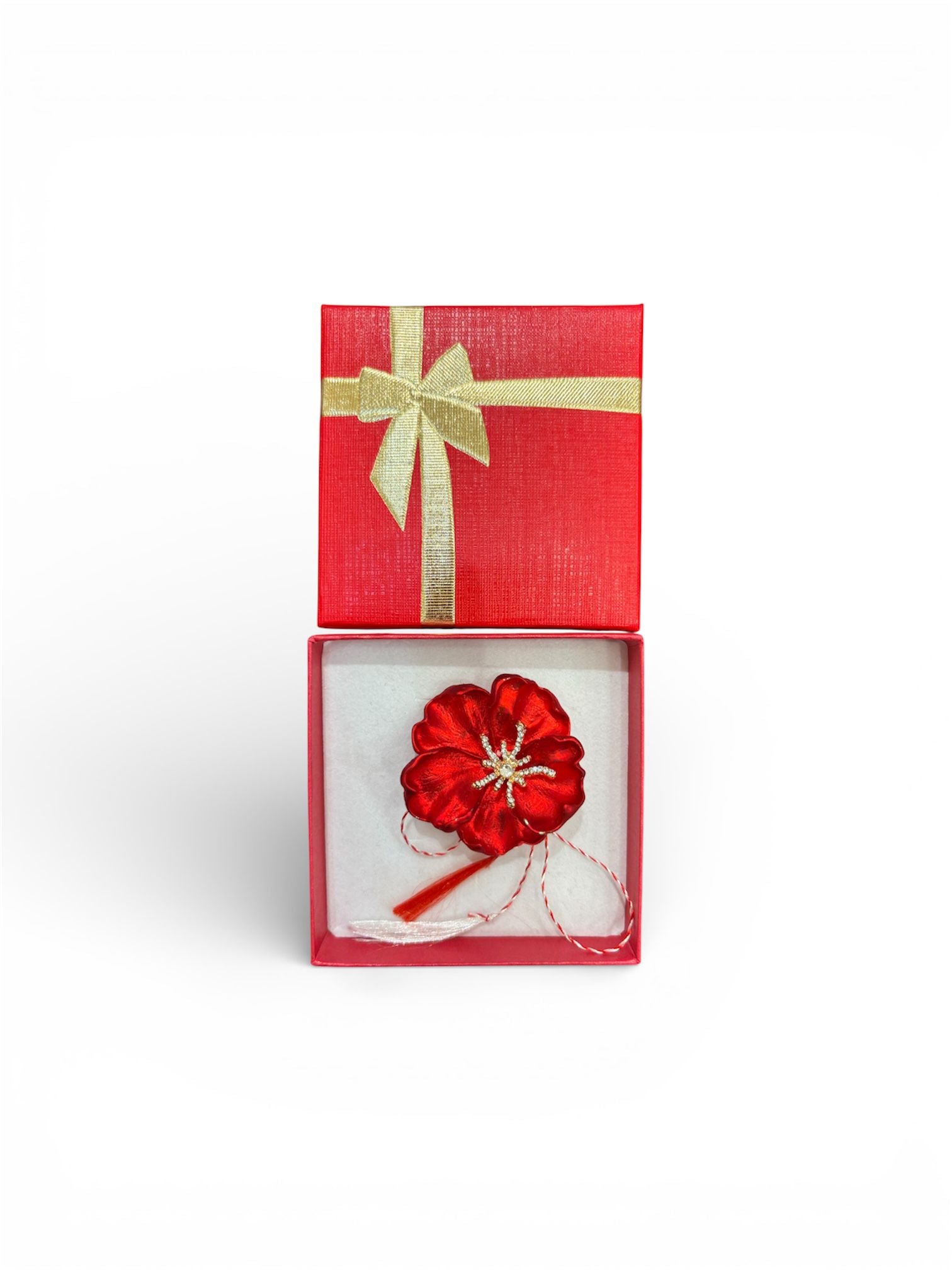 Martisor brosa,in cutie cadou, floare mac cu strasuri , 4 cm