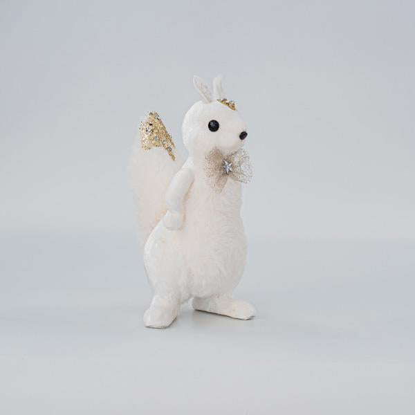 Figurina Craciun EUROLAMP, veverita cu puf, alb cu auriu, 15x14x27cm