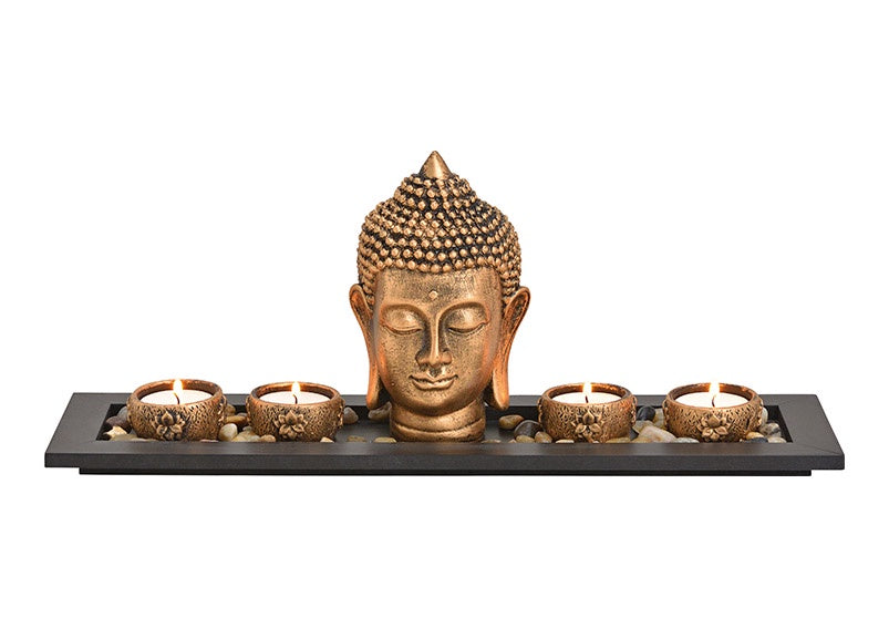 Statueta decorativa Buddha din rasina, auriu, pe tava de lemn cu suport lumanari, 41x17x11 cm - Victoria home deco