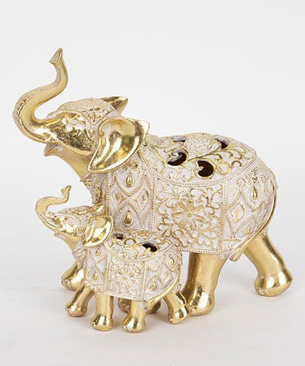 Decoratiune elefant cu pui, alb- auriu, din rasina, 23x12.5x20.5cm