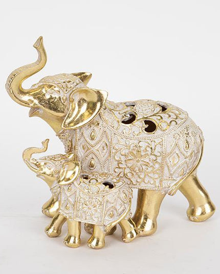 Decoratiune elefant cu pui, alb- auriu, din rasina, 23x12.5x20.5cm