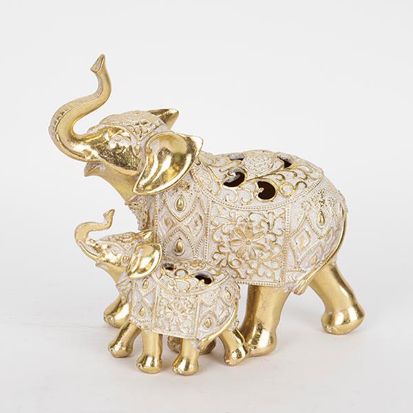 Decoratiune elefant cu pui, alb- auriu, din rasina, 23x12.5x20.5cm