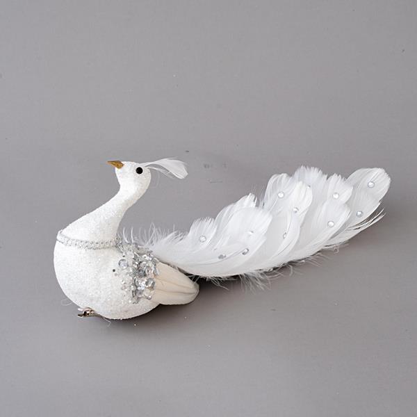 Figurina de Craciun, paun cu glitter si pene, alb/argintiu, 35cm