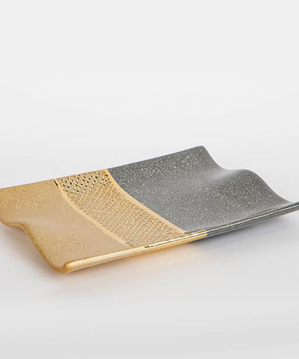 Platou decorativ, din ceramica, gri- auriu, 26x20x3cm
