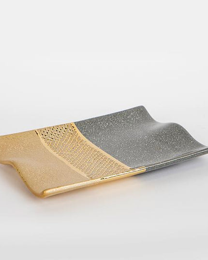 Platou decorativ, din ceramica, gri- auriu, 26x20x3cm