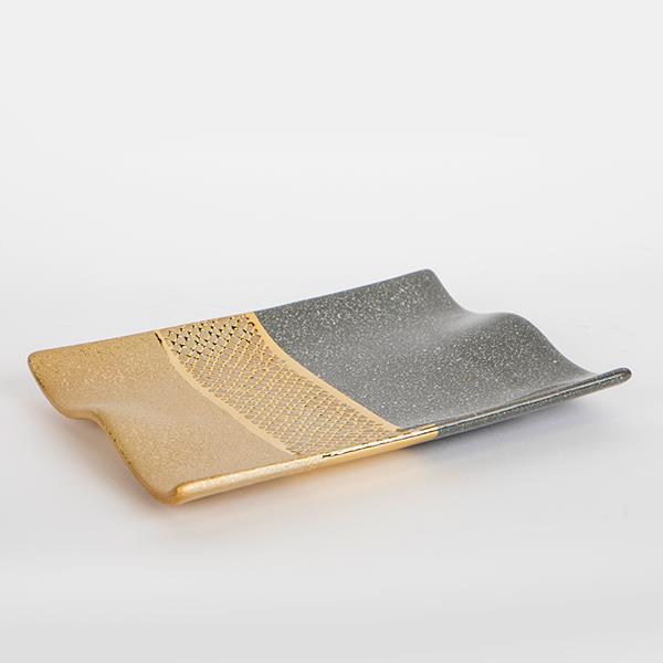 Platou decorativ, din ceramica, gri- auriu, 26x20x3cm