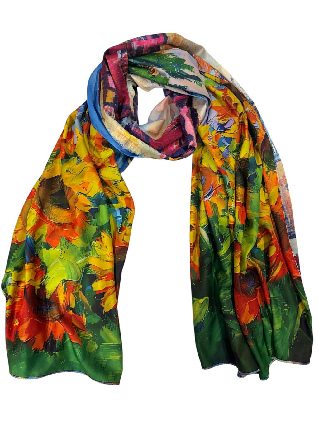 Esarfa tip sal doua fete pictata , matase, multicolora, 180x70cm