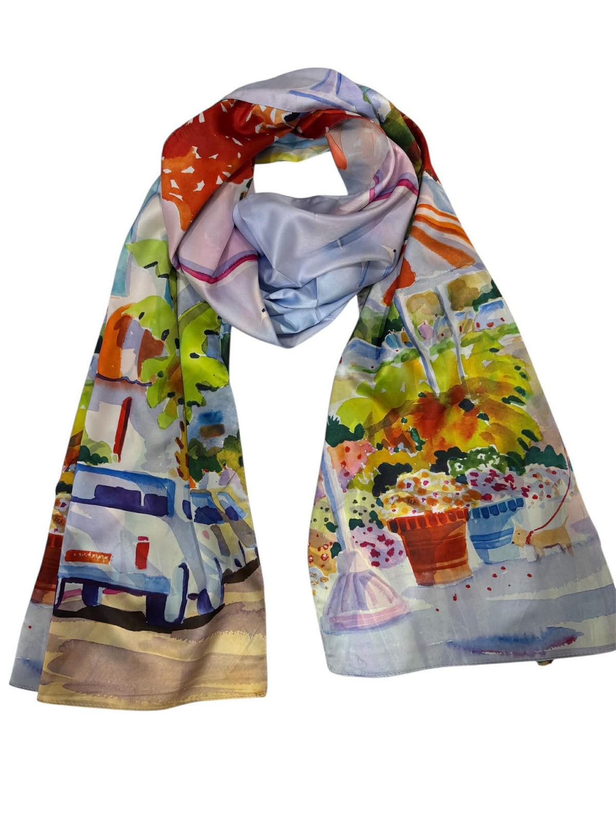 Esarfa tip sal doua fete pictata , matase, multicolora, 180x70cm