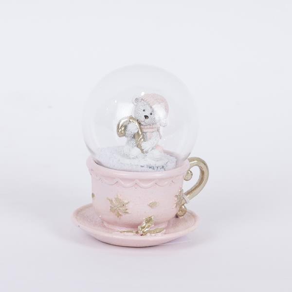 Glob cu zapada, de Craciun,  intr-o ceasca de ceai, cu ursulet, roz, 7x8x10 cm