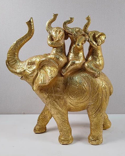 Decoratiune elefant cu pui, din rasina, Auriu-gri, 23.5x9x26cm