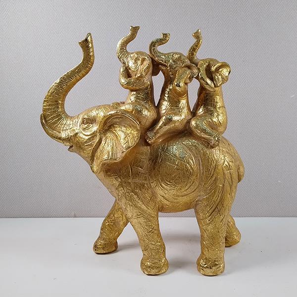 Decoratiune elefant cu pui, din rasina, Auriu-gri, 23.5x9x26cm