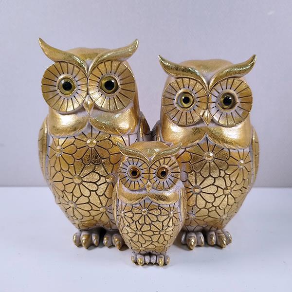 Decoratiune 3 Bufnite aurii, din rasina, 16x8x15 cm