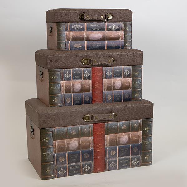 Set 3 cufere de depozitare din lemn, tapitate, manere laterale, roz-maro, 58x35x32cm/ 48x28x25cm/ 38x21x19cm
