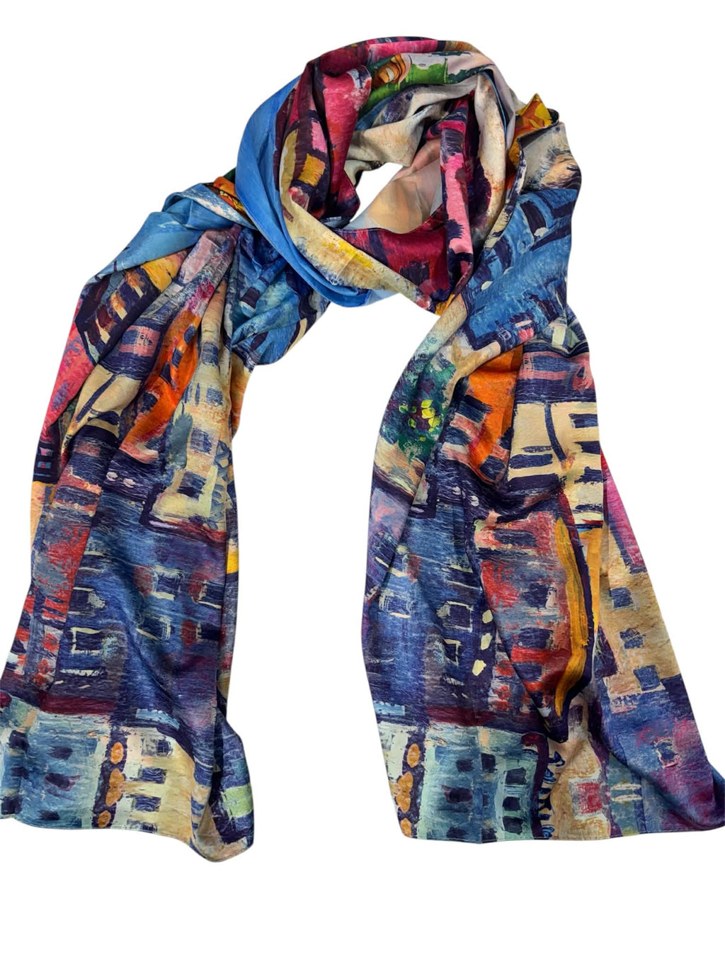 Esarfa tip sal doua fete pictata , matase, multicolora, 180x70cm